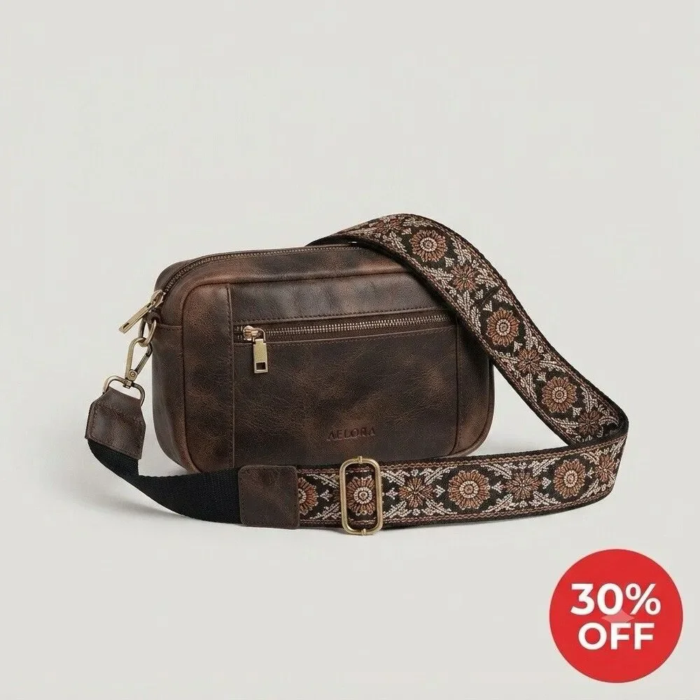 Relic Brown Faux Leather Crossbody Bag with Decorative Boho Patterned Strap